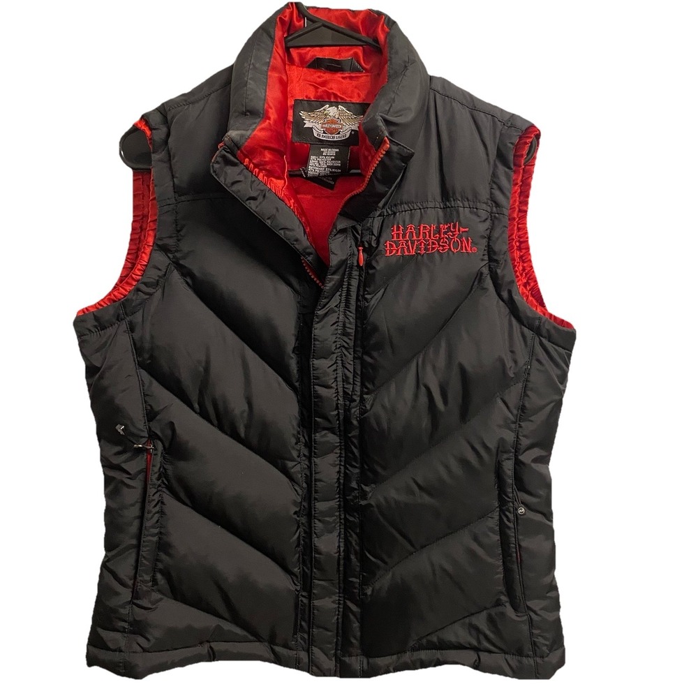 Harley Davidson Women Down Fill Puffer Vest. Black/Red Embroidered Logo Sz.M EUC